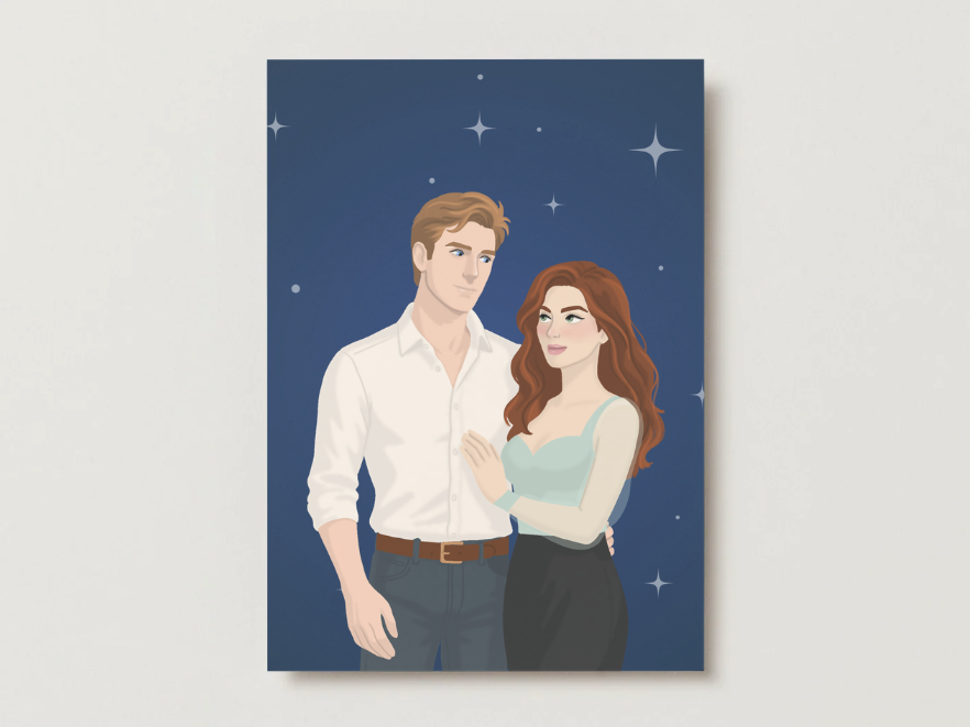 5x7 art print of a couple against a starry night sky on a blue background