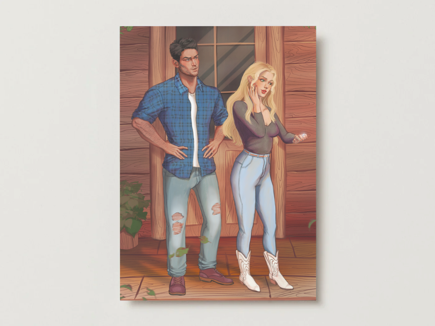 5x7 art print of a man and woman standing in a room with wooden walls and a plant.