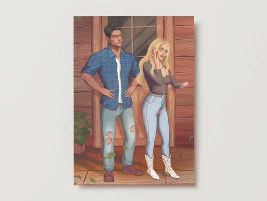 5x7 art print of a man and woman standing in a room with wooden walls and a plant.