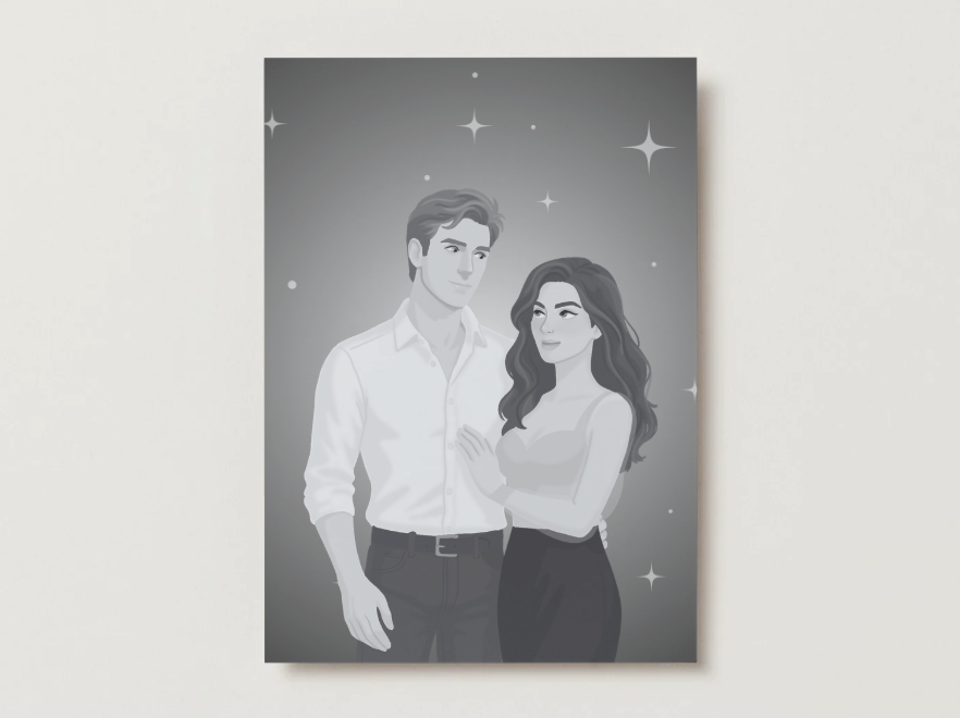 5x7 art print of a couple on a dark gray background with stars.