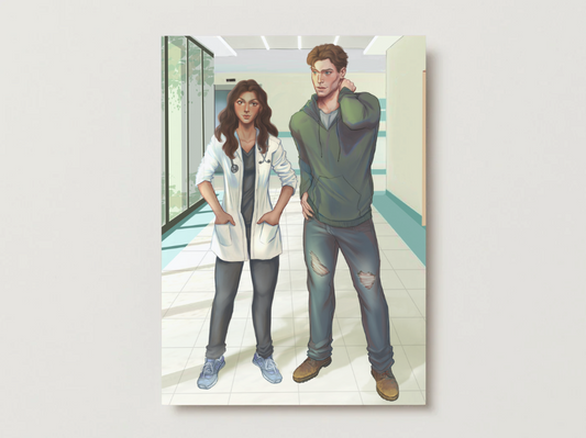 5x7 art print of a doctor and a patient in a hospital setting