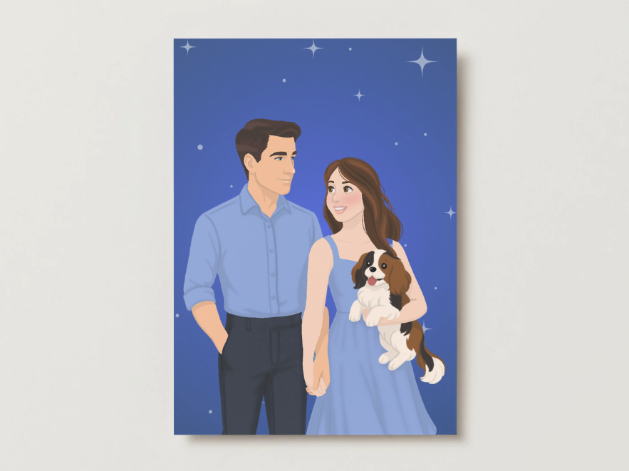 5x7 art print of a couple with a dog on a blue background