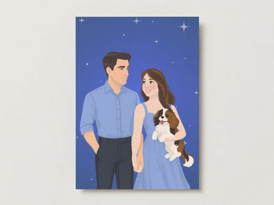 5x7 art print of a couple with a dog on a blue background