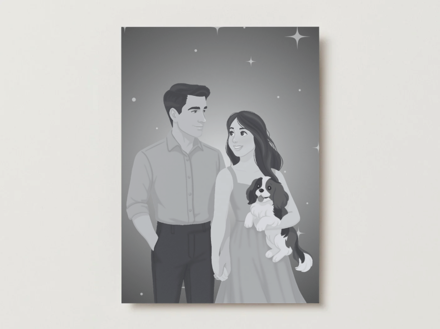 5x7 art print of a couple with a dog against a starry night sky.