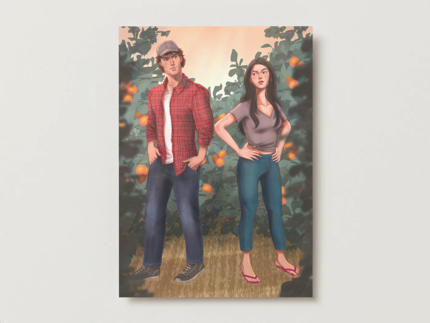 5x7 art print of a man and woman standing in an orchard with trees and fruit.