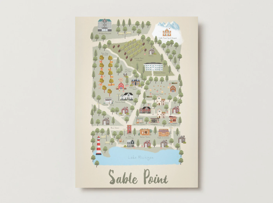 5x7 illustrated map print of Sable Point with buildings and natural elements on a beige background