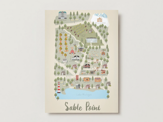 5x7 illustrated map print of Sable Point with buildings and natural elements on a beige background