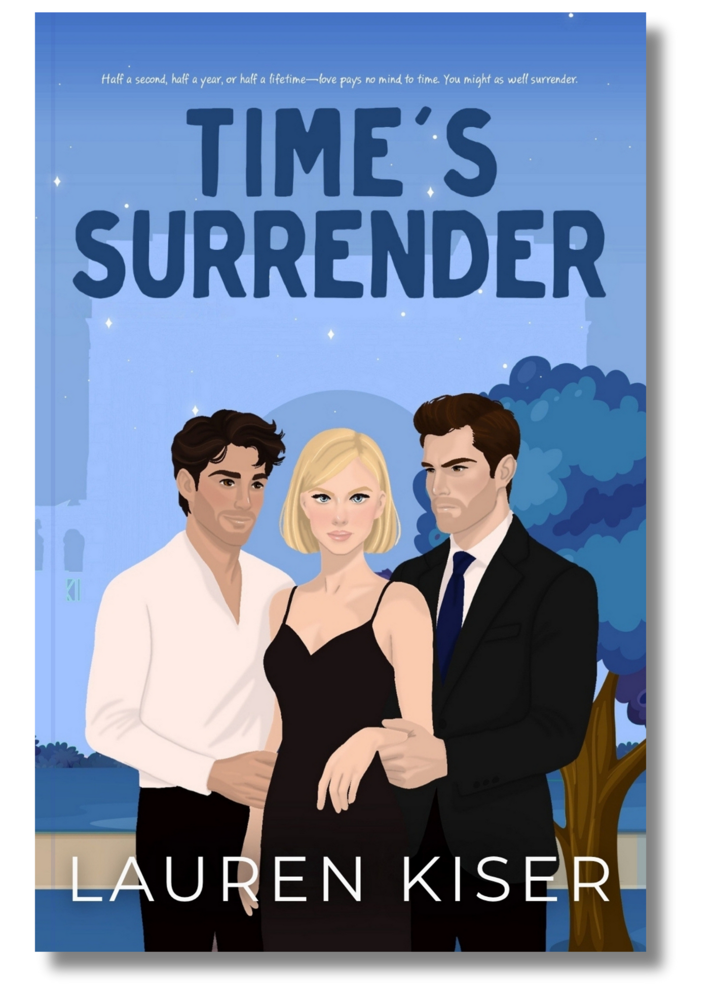 Book cover of 'Time's Surrender' by Lauren Kiser featuring three characters against a cityscape background.