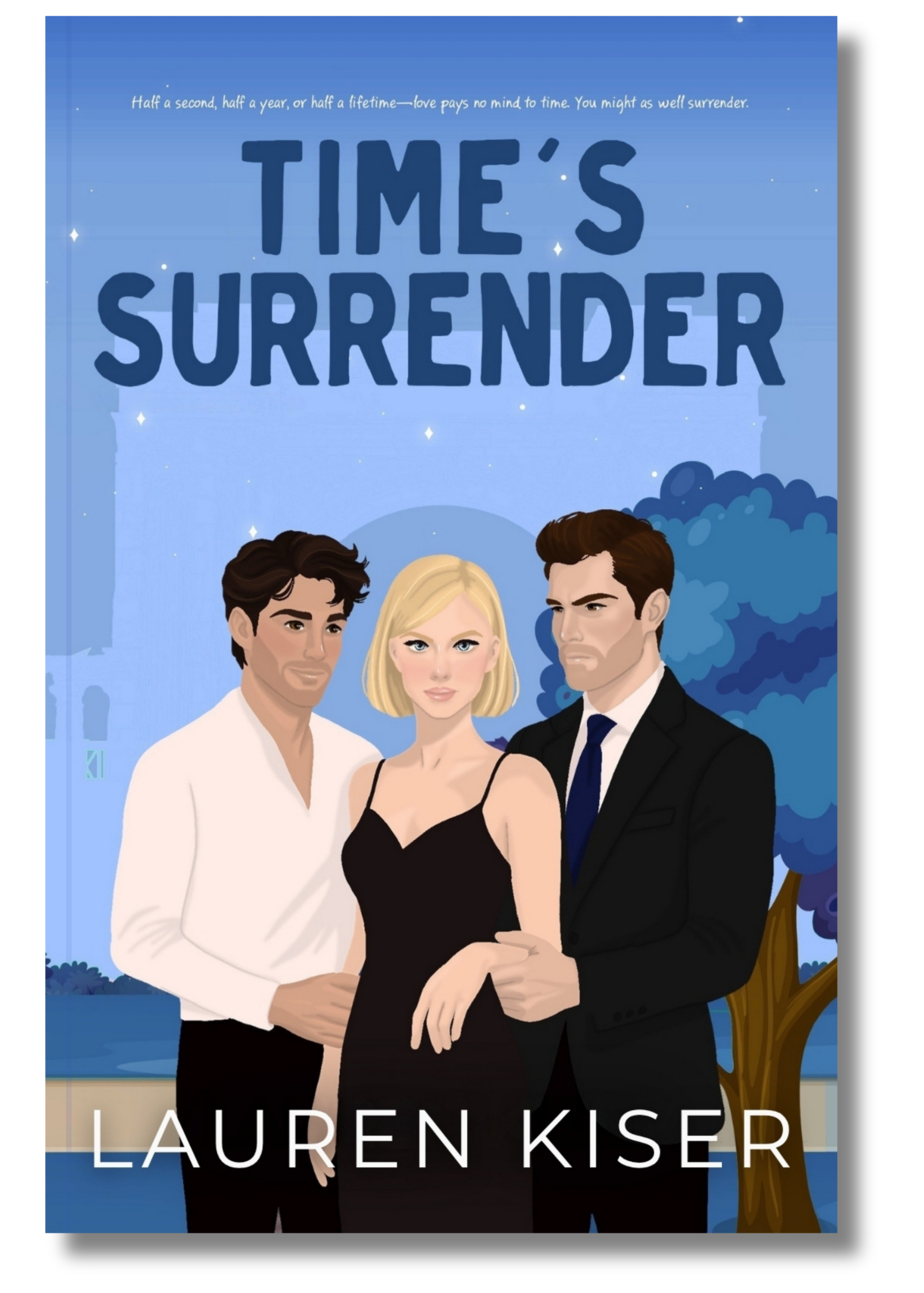 Book cover of 'Time's Surrender' by Lauren Kiser featuring three characters against a cityscape background.