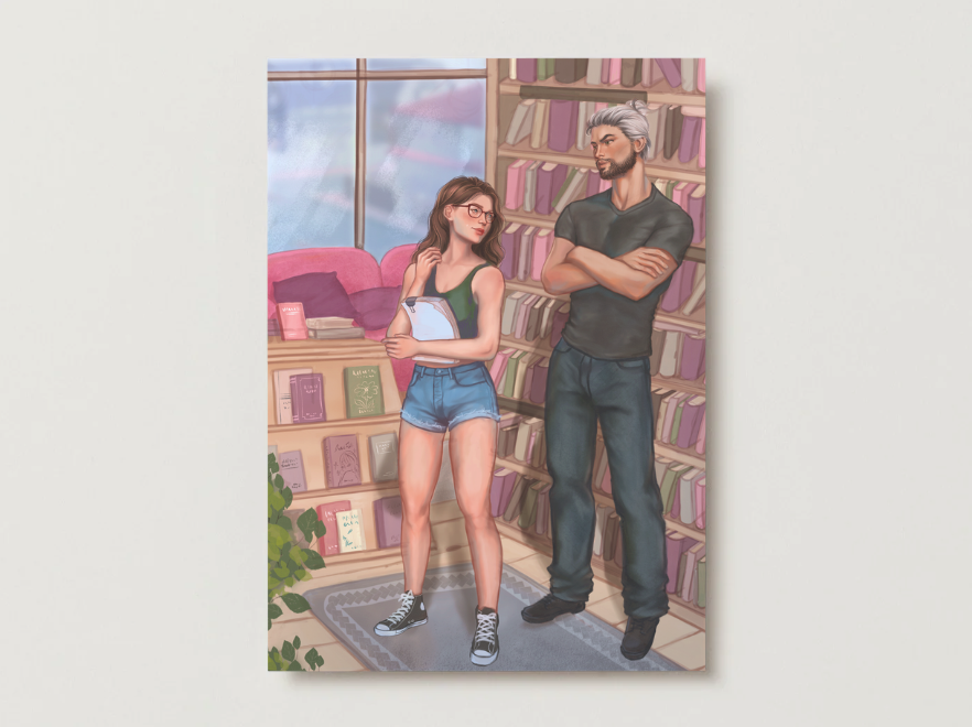 5x7 art print of a man and woman standing in a room with bookshelves.