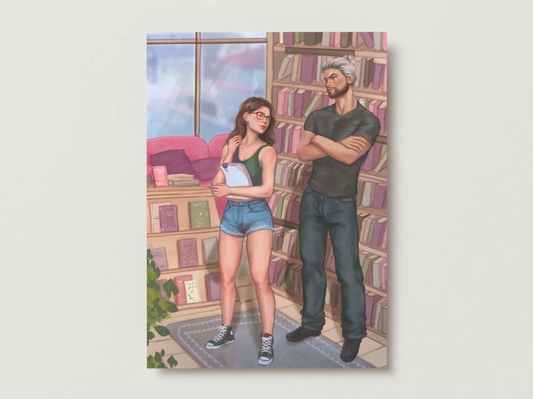 5x7 art print of a man and woman standing in a room with bookshelves.